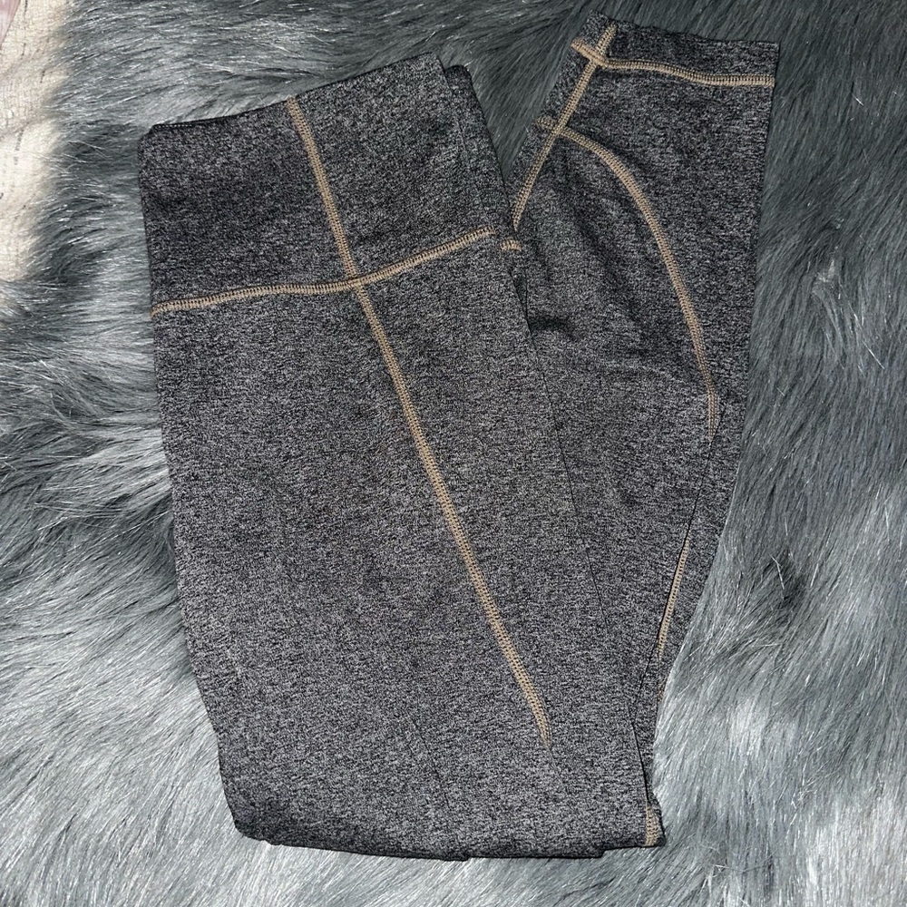 Athleta Charcoal Leggings with Tan Stitching